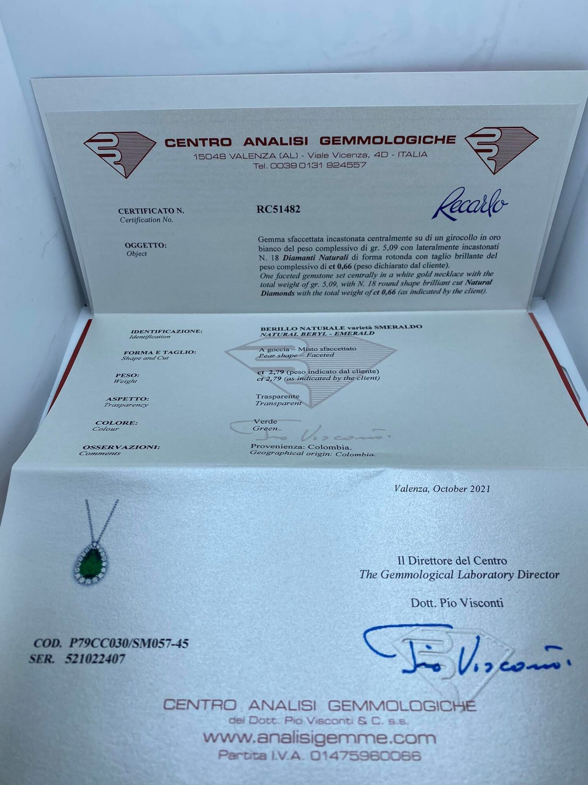 Collana Recarlo con Goccia di Smeraldo Colombiano Ct 2.79