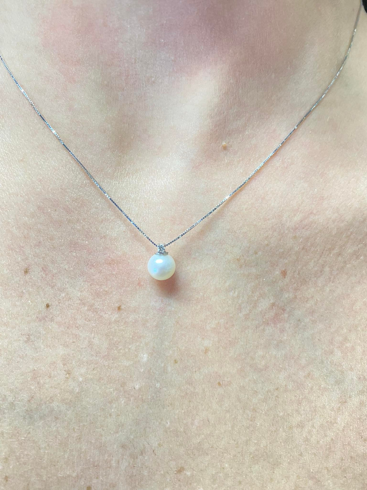 Collana Donna Oro 18KT con Diamante e Perla Naturale mm 6-6,5