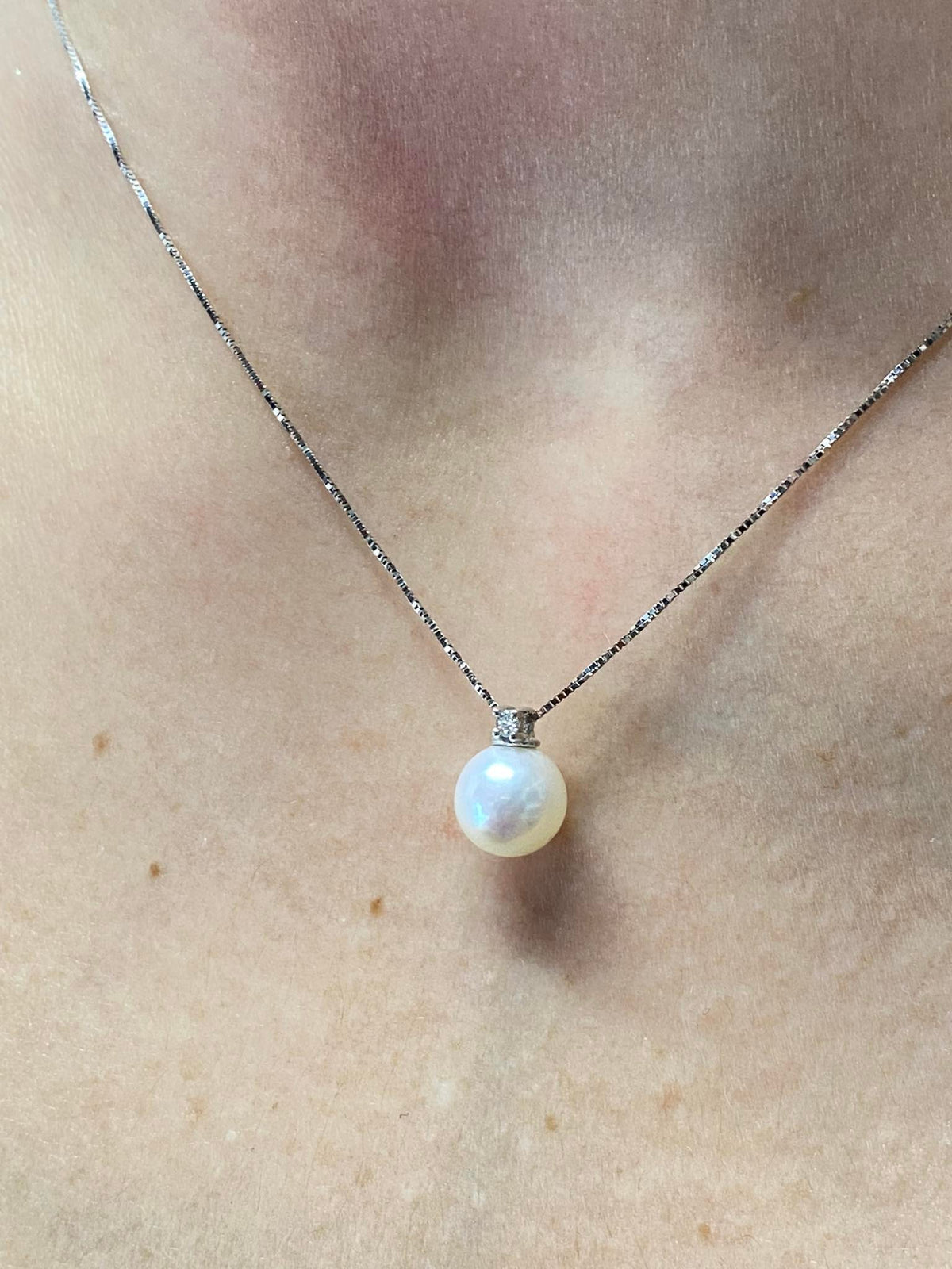 Collana Donna Oro 18KT con Diamante e Perla Naturale mm 7-7,5