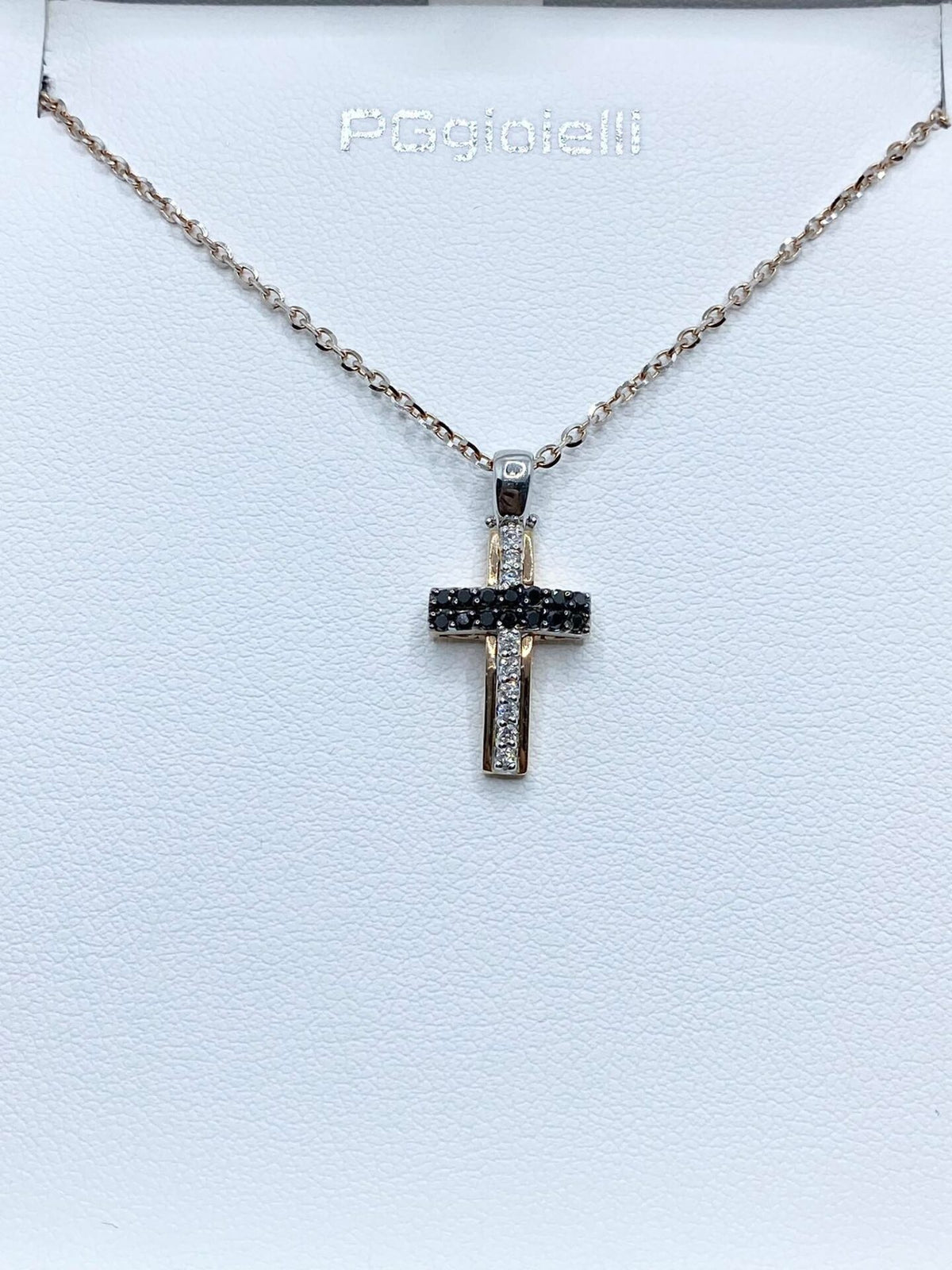 Collana PG Gioielli Con Croce in Oro 18KT Rosè e Diamanti Bianchi e Neri