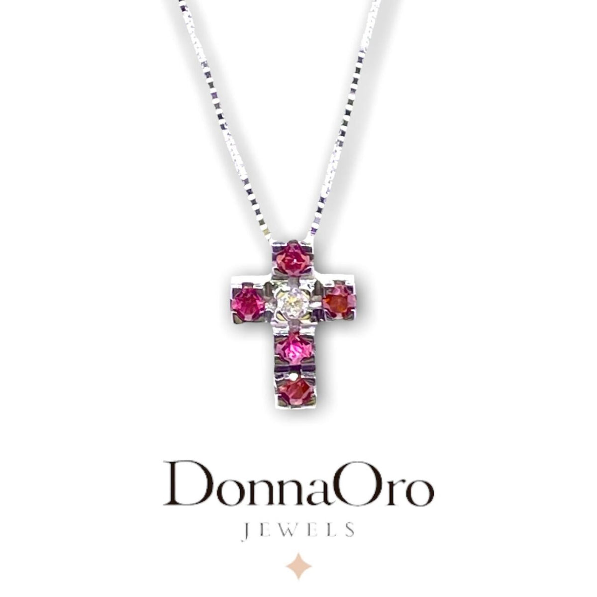 Collana Donna Oro 18KT con Croce di Rubini e Diamante