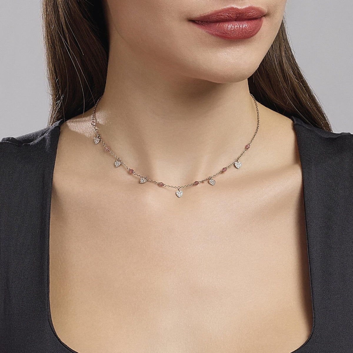 Collana Mabina in Argento Rosè con Cuori Pendenti e Tormalina