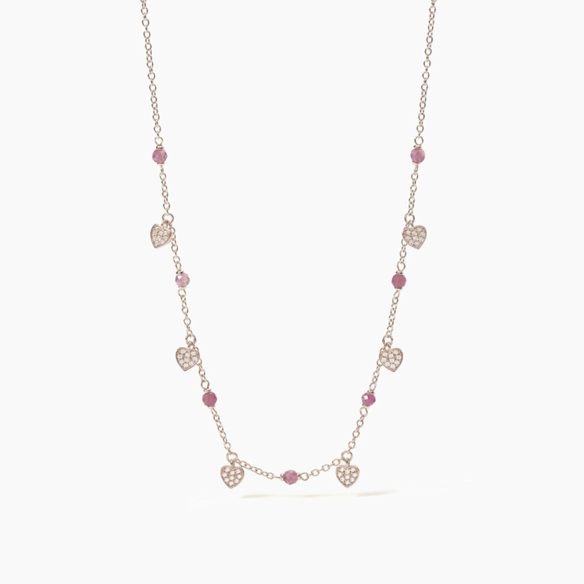 Collana Mabina in Argento Rosè con Cuori Pendenti e Tormalina