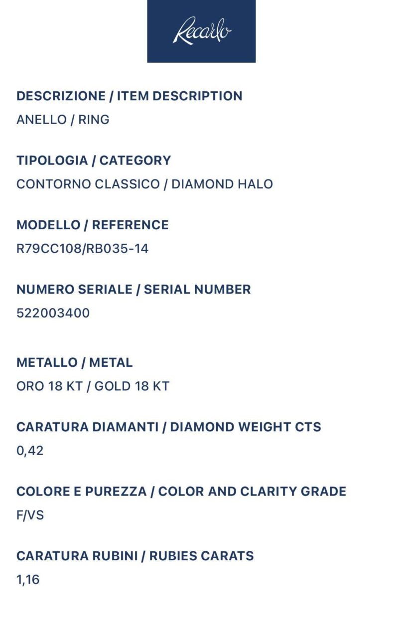 Anello Recarlo con Diamanti e Rubino Ct 1,16