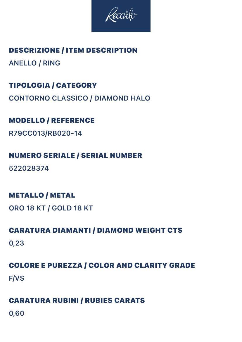 Anello Recarlo con Diamanti e Rubino Ct 0,60