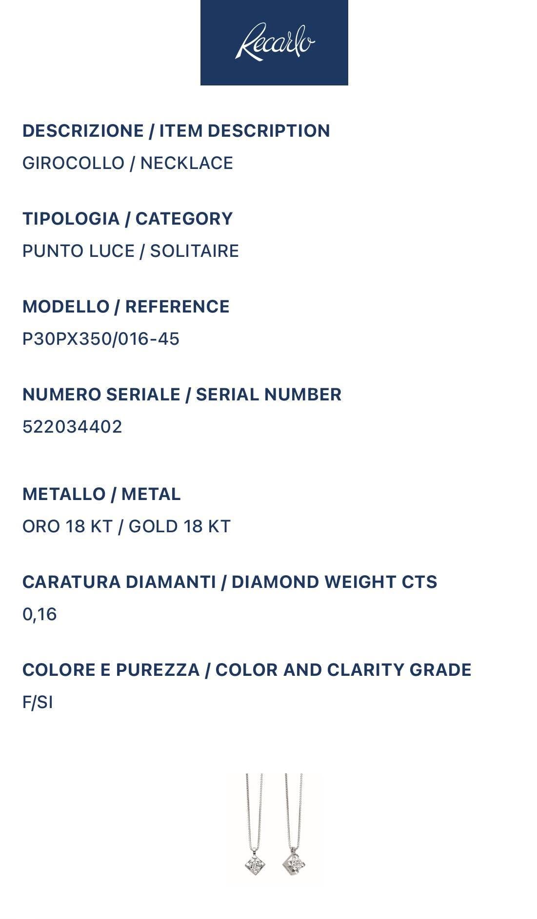 Collana Recarlo Punto Luce Maria Teresa con Diamante Ct 0.16