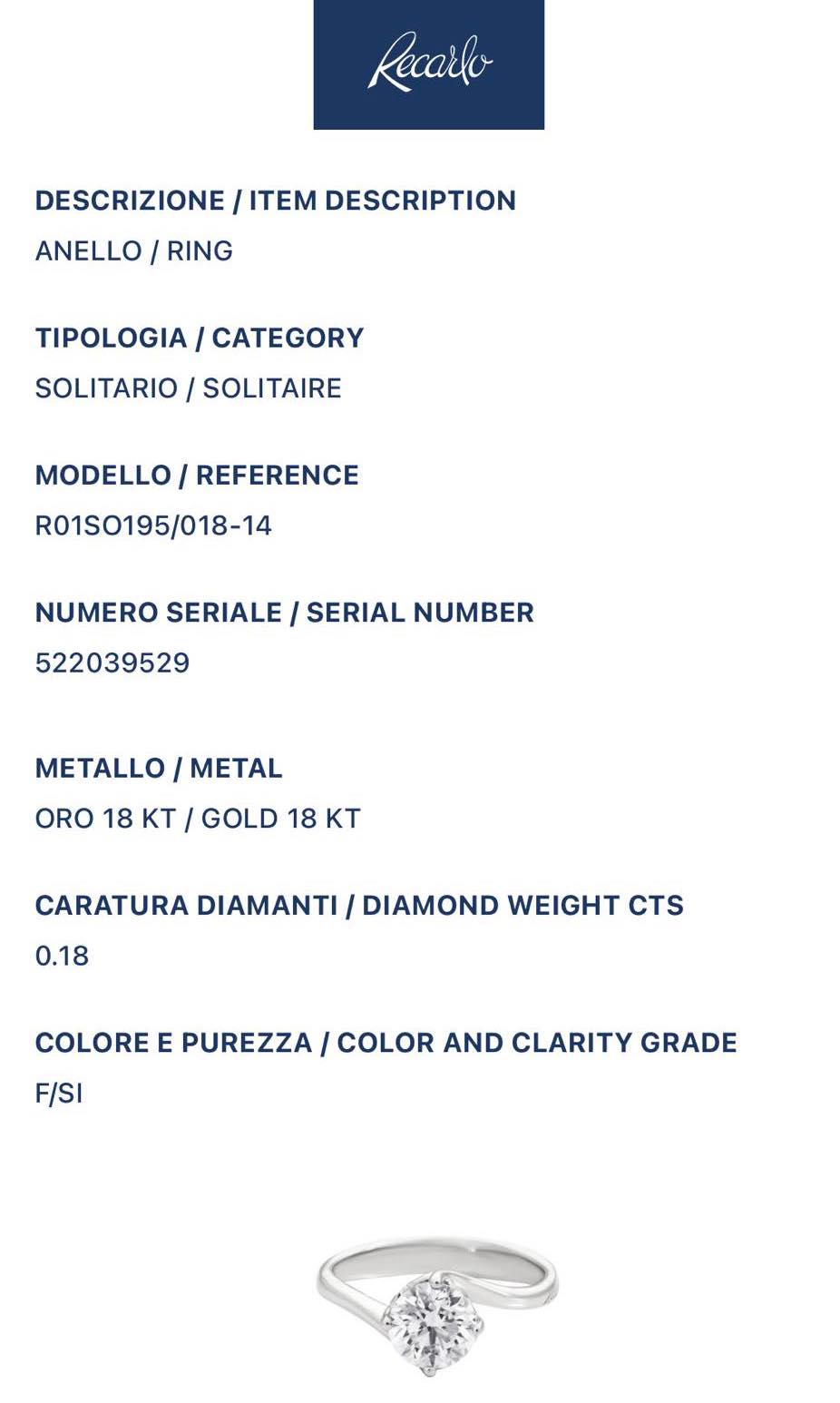 Anello Solitario Recarlo Anniversary CT 0.18 – R01SO195
