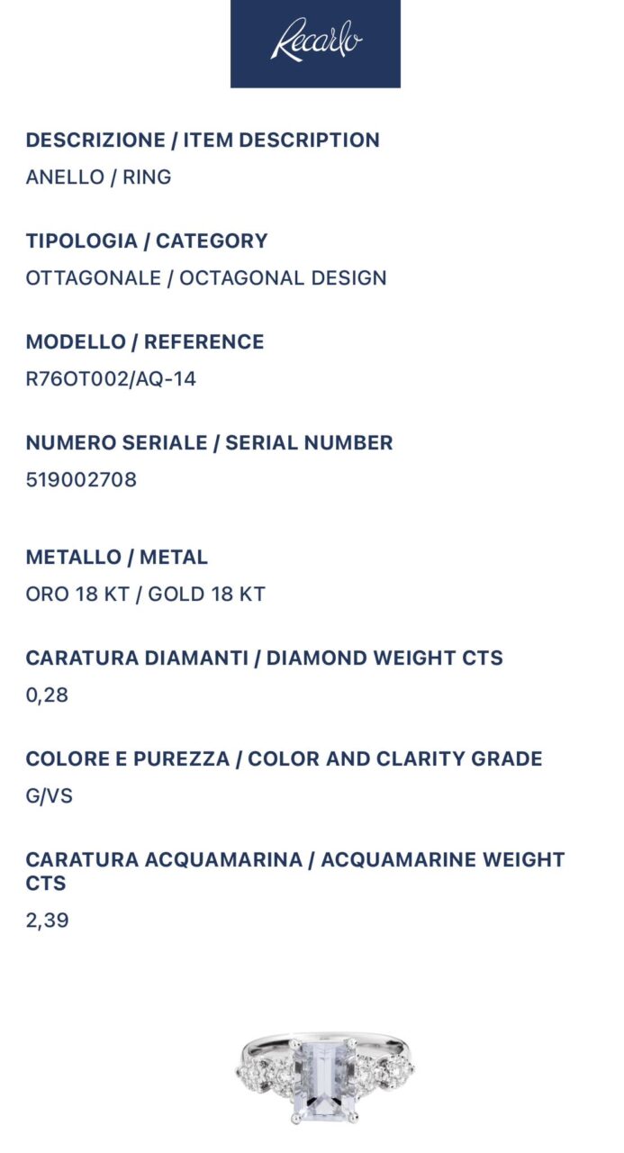Anello Donna Recarlo in Oro 18KT con Diamanti e Acquamarina