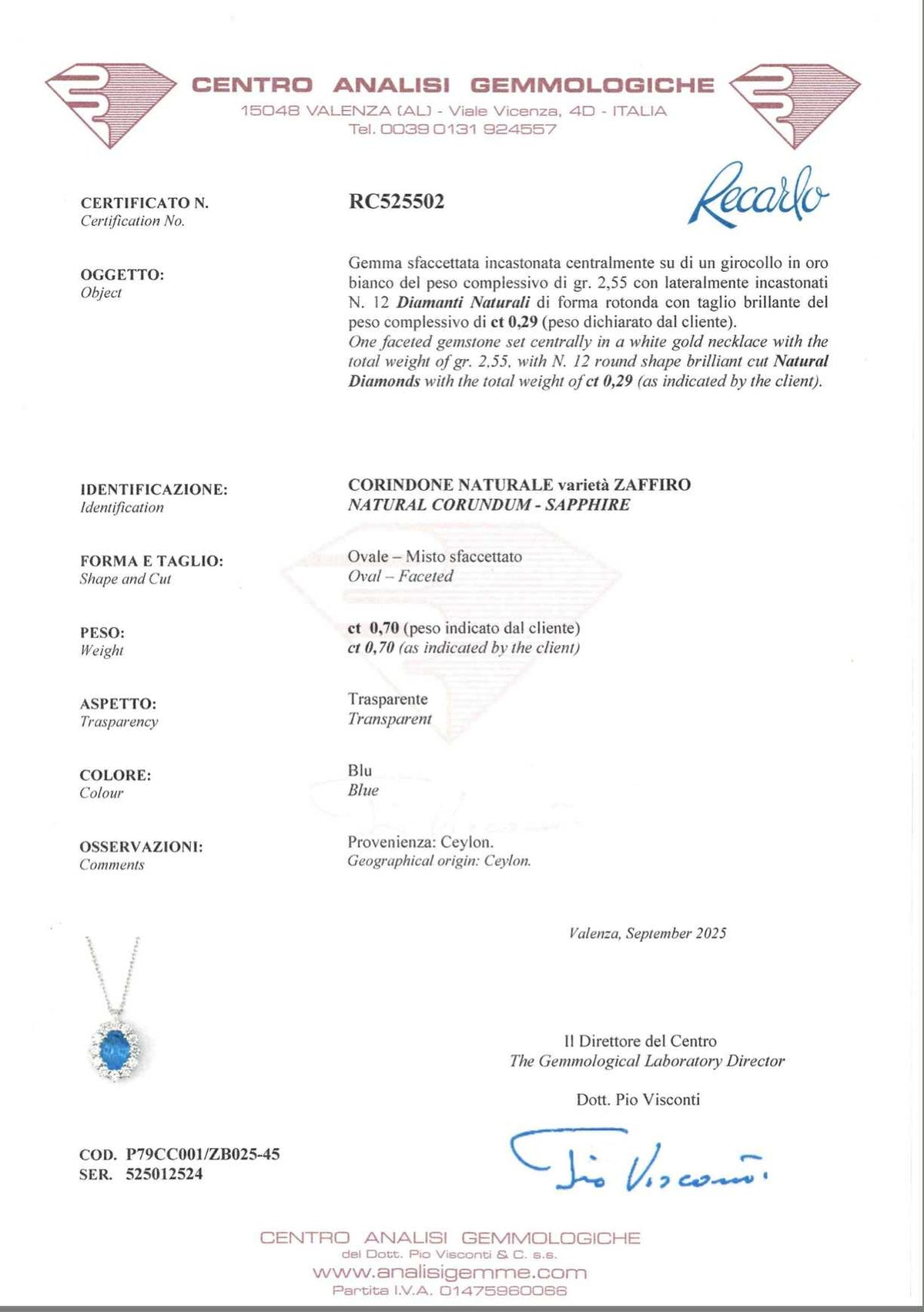Collana Donna Recarlo con Zaffiro Ct 0.70 e Diamanti