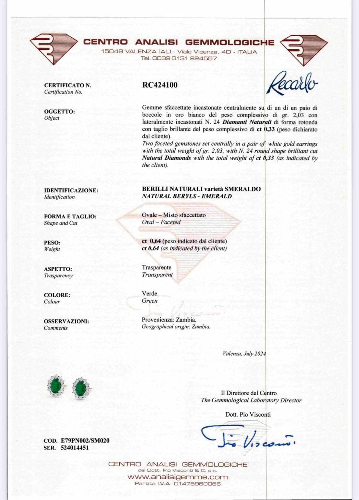 Orecchini Recarlo con Diamanti e Smeraldi Ct. 0,64
