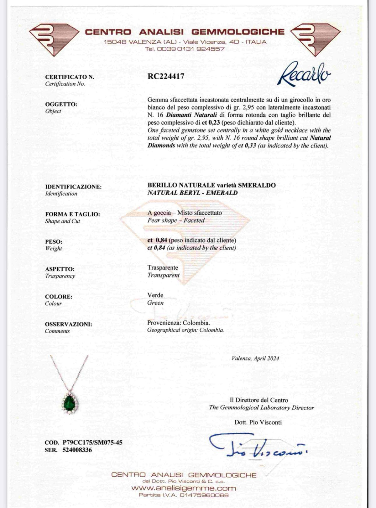 Collana Recarlo con Goccia di Smeraldo Colombiano Ct 0,84