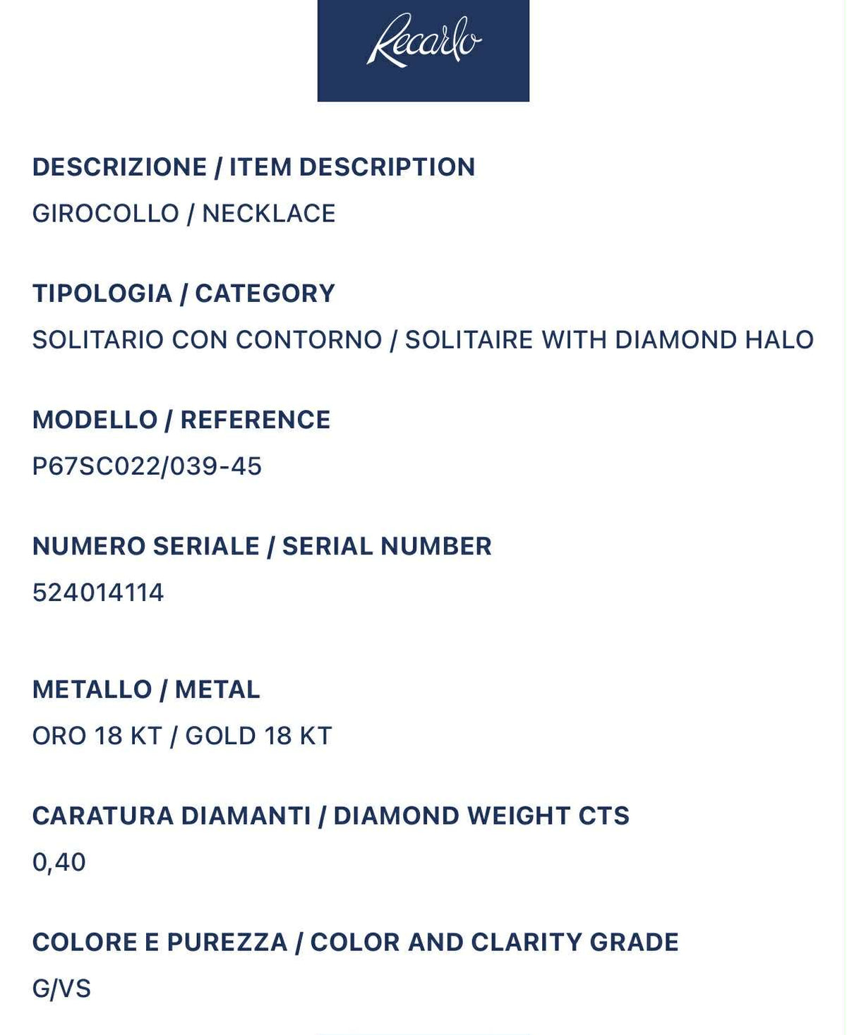 Collana Recarlo Anniversary Love in Oro 18KT 18KT e Diamanti Ct. 0,40