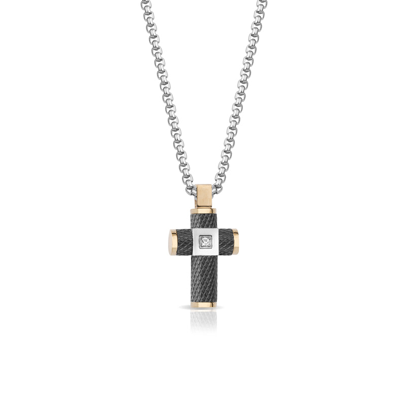Collana Uomo Arkano con Croce in Acciaio e Pietra Bianca