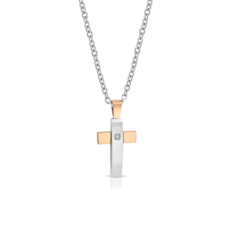 Collana Uomo Arkano con Croce in Acciaio e Diamante Bianco