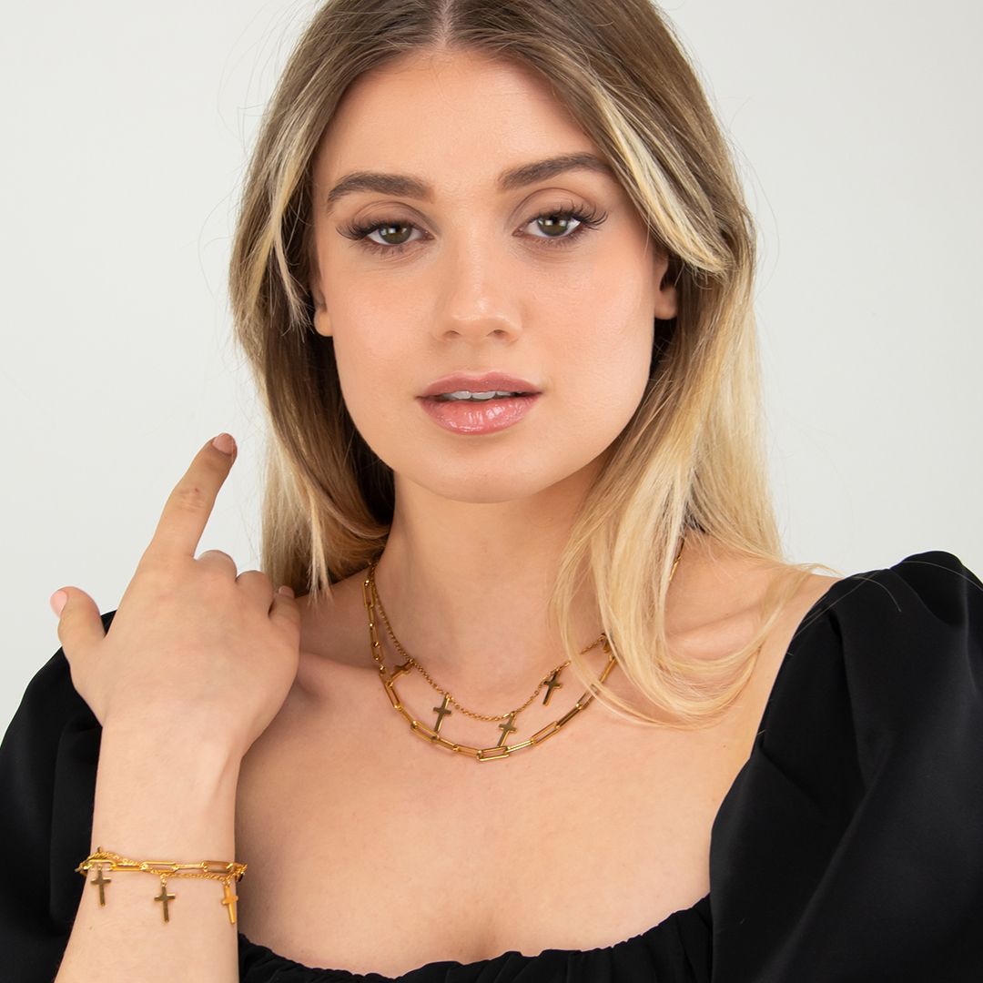 Collana doppio filo color Oro 18KT con croci MY/GR02