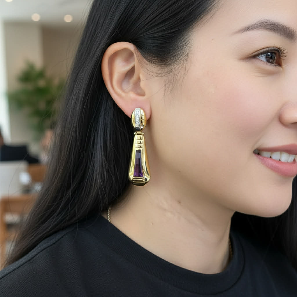 Orecchini Pendenti in Oro 18KT 18KT con Diamanti ed Ametista