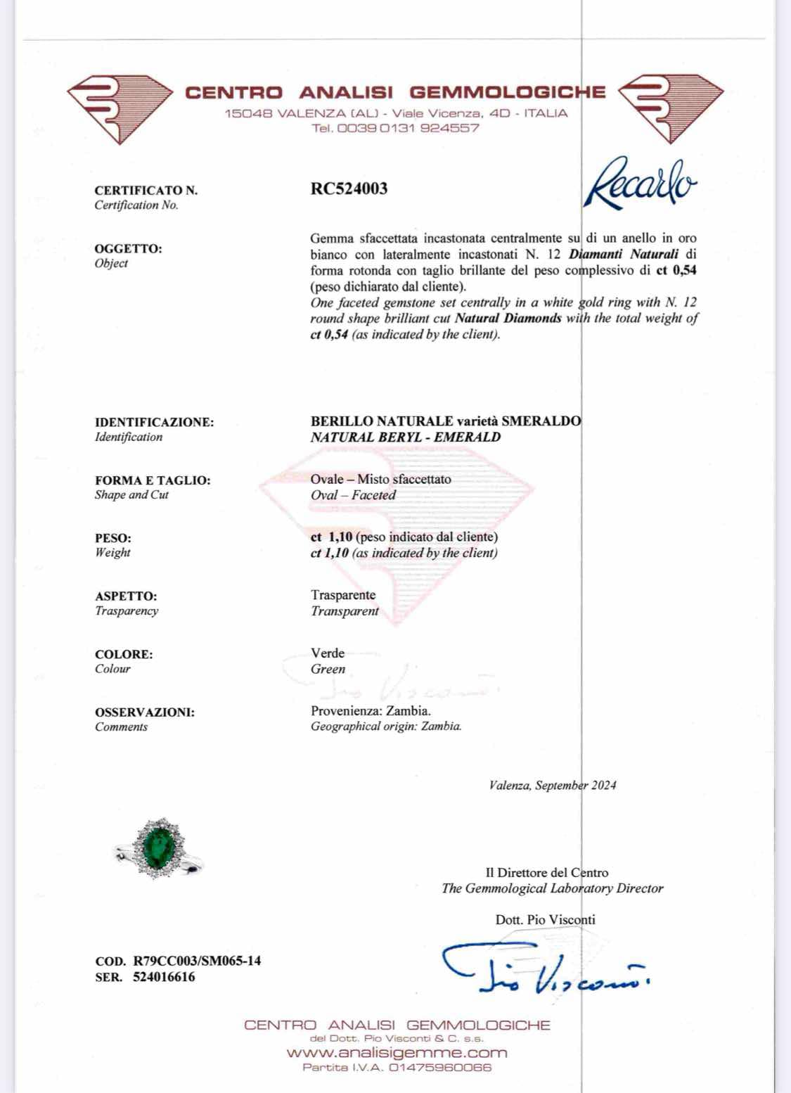 Anello Recarlo con Diamanti e Smeraldo Ct 1,10