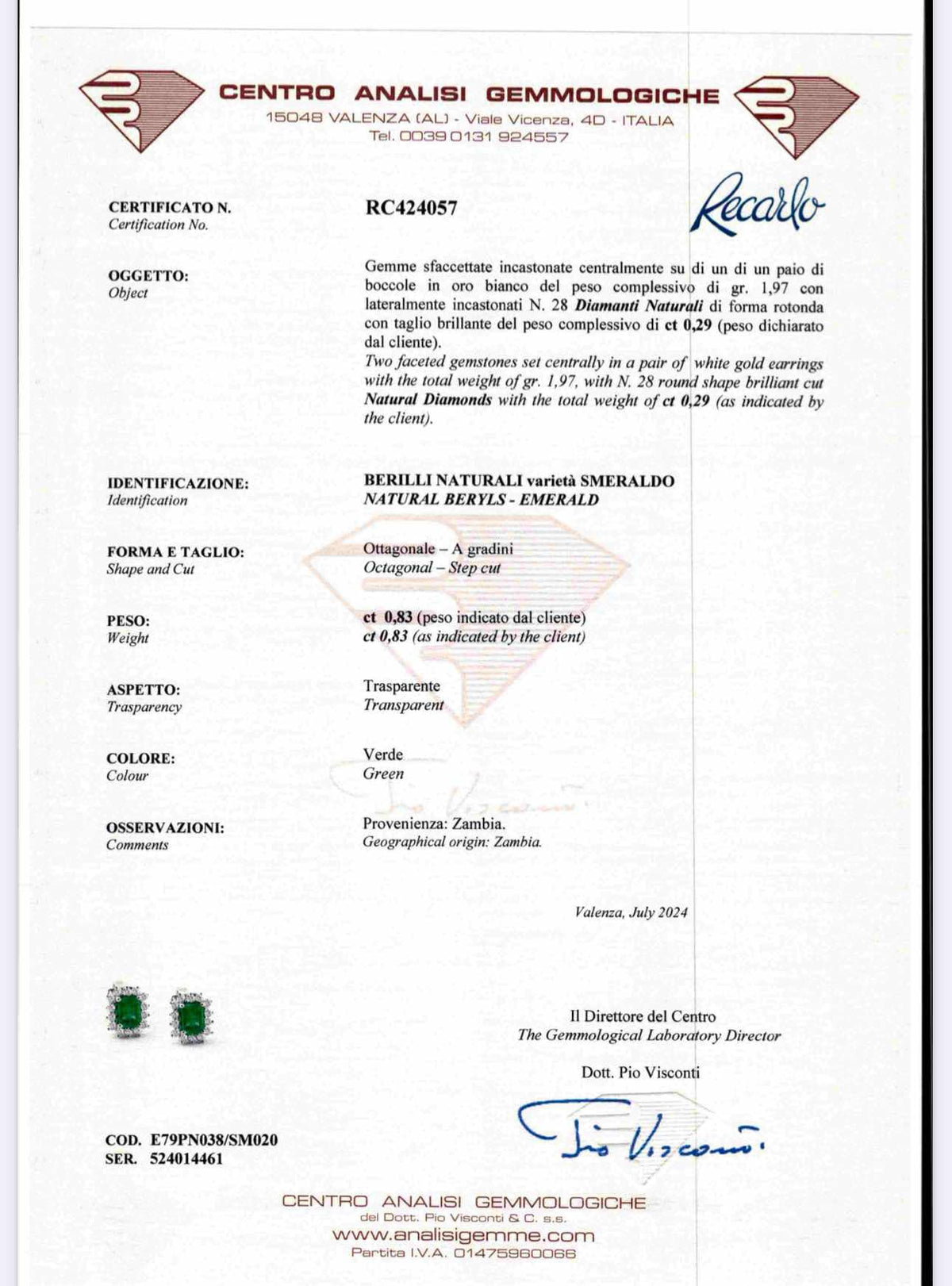 Orecchini Recarlo con Diamanti e Smeraldi Ct. 1,04