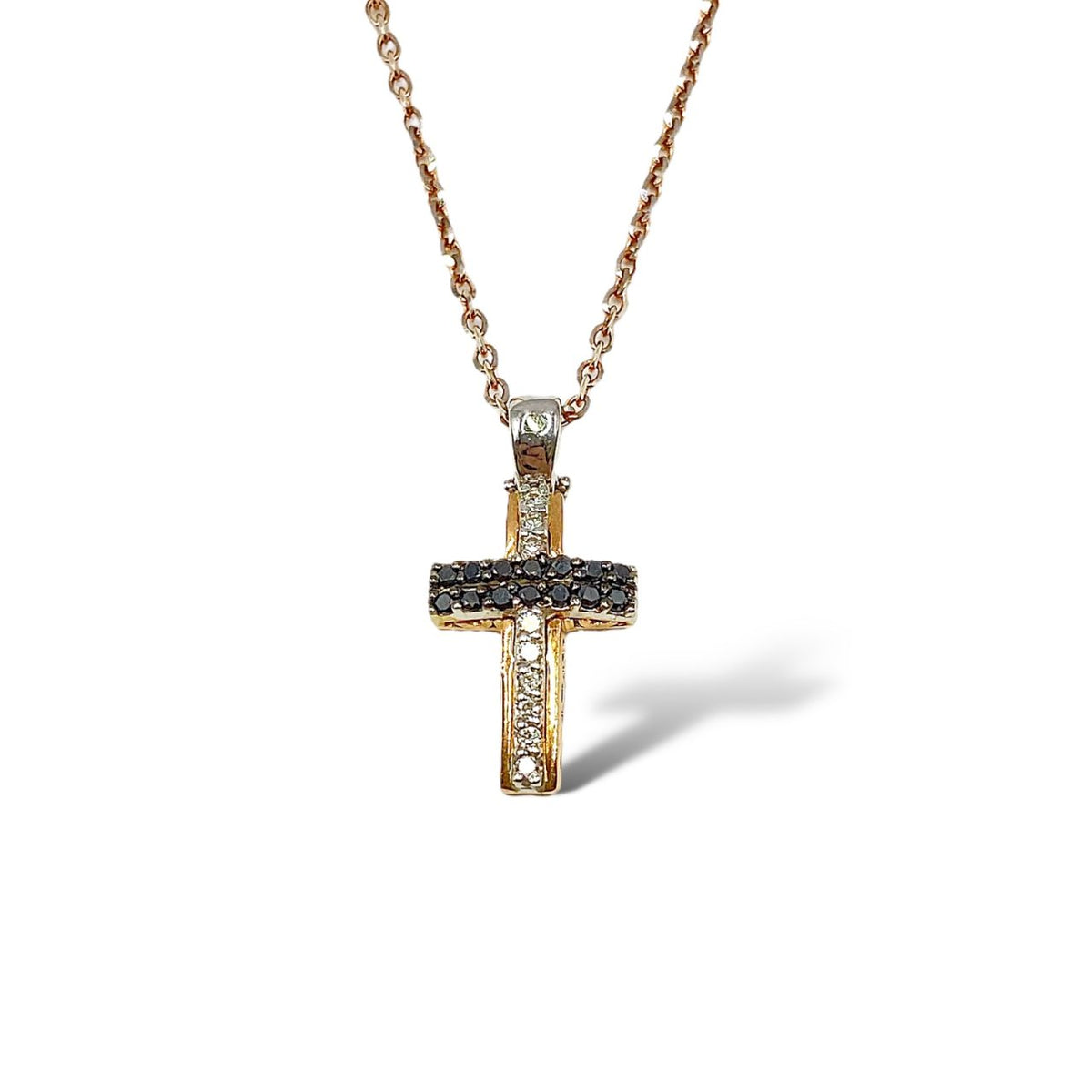 Collana PG Gioielli Con Croce in Oro 18KT Rosè e Diamanti Bianchi e Neri