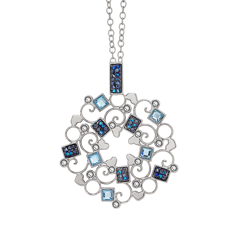 Collana rodiata con rosone in Swarovski crystal rock blu montata XGR482