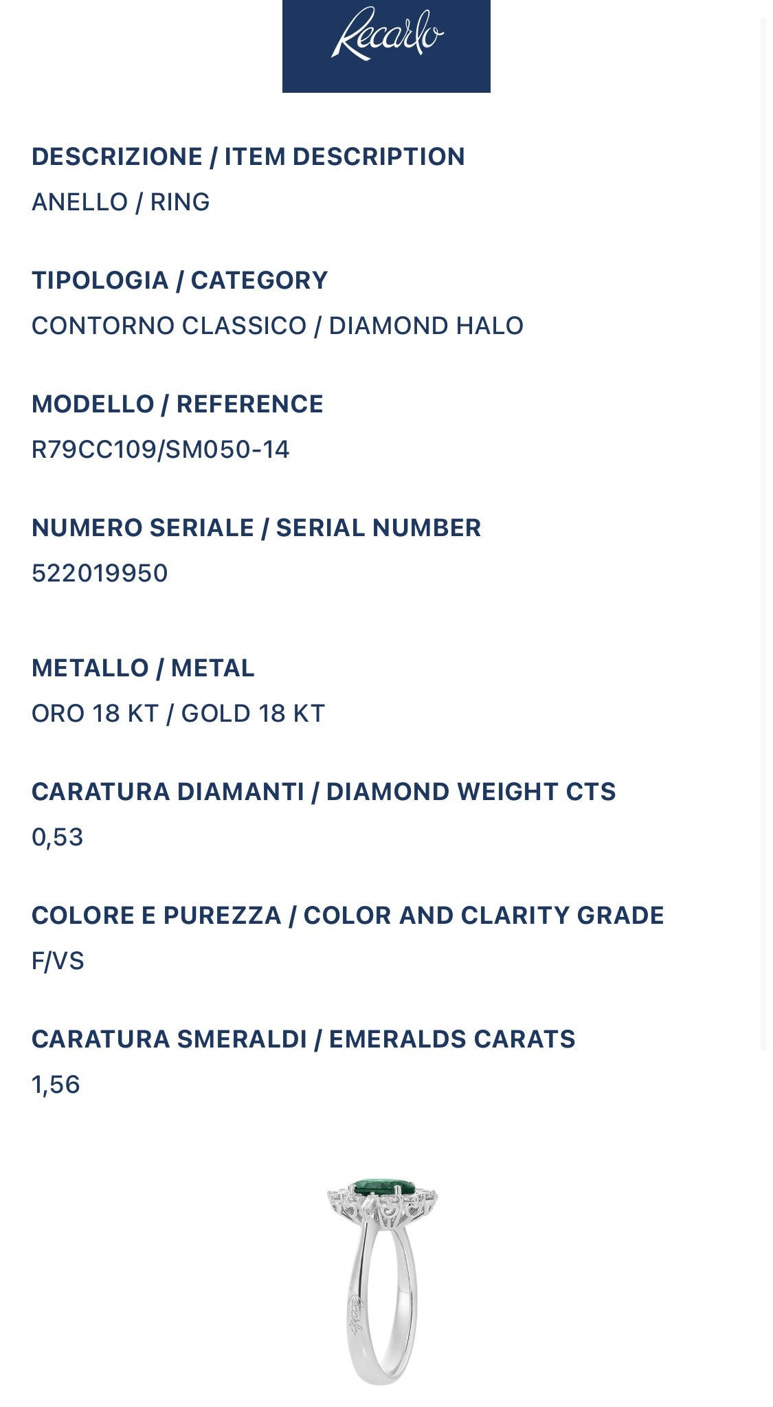 Anello Recarlo con Diamanti e Smeraldo Ct 1,56