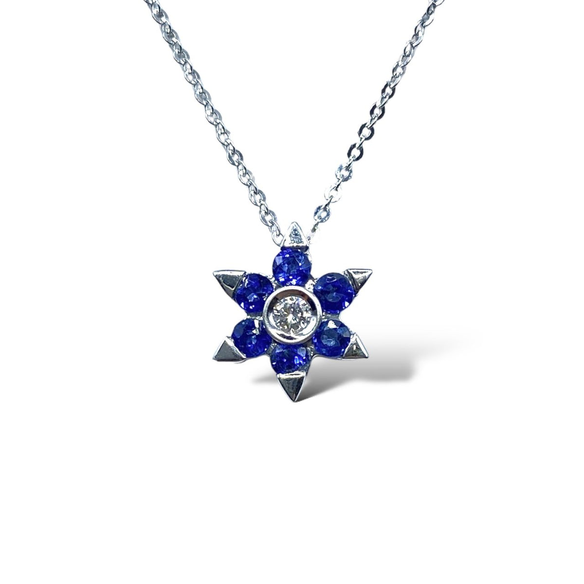 Collana a Fiore in Oro 18KT 18KT con Diamante e Zaffiri Ct. 0,30