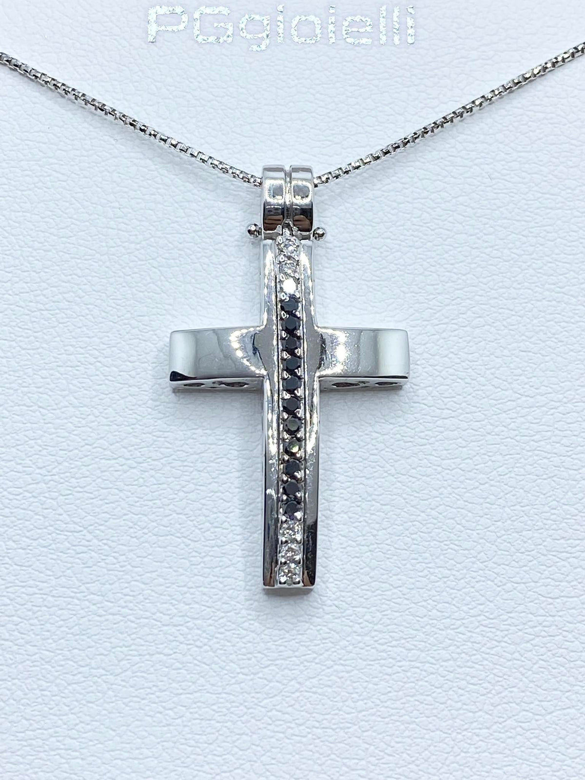 Collana PG Gioielli Con Croce in Oro 18KT 18KT e Diamanti Neri e Bianchi