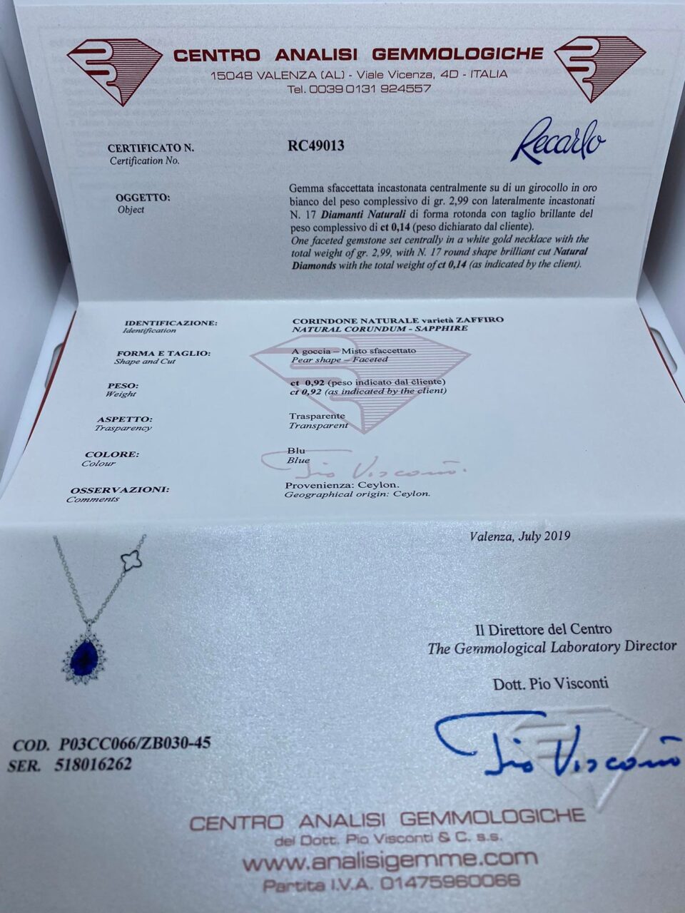 Collana Recarlo a Goccia con Diamanti e Zaffiro Ct 0.92
