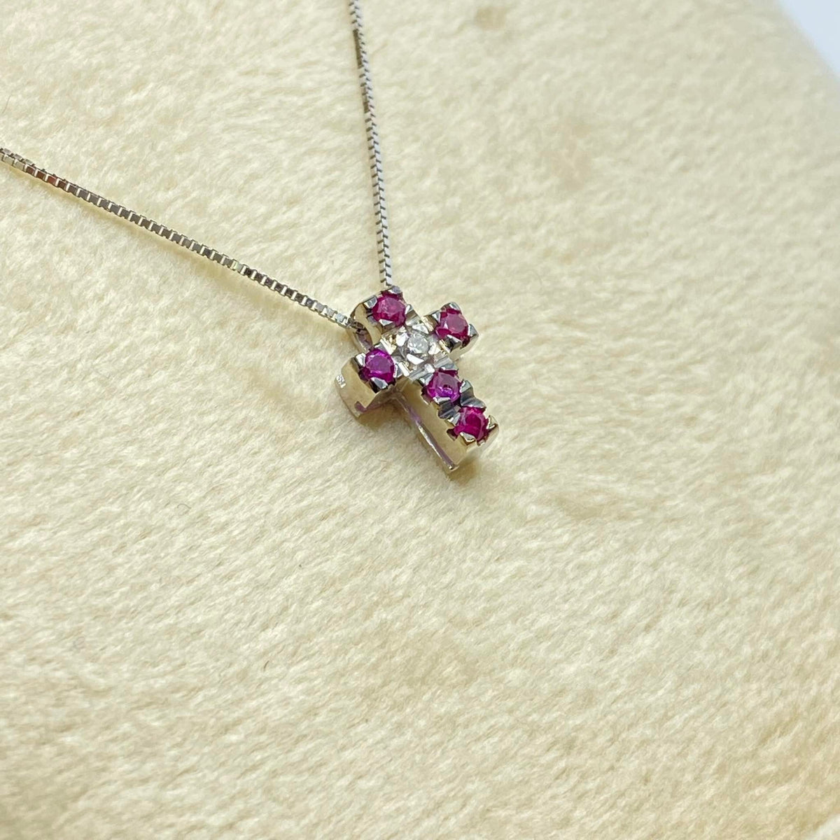 Collana Donna Oro 18KT con Croce di Rubini e Diamante