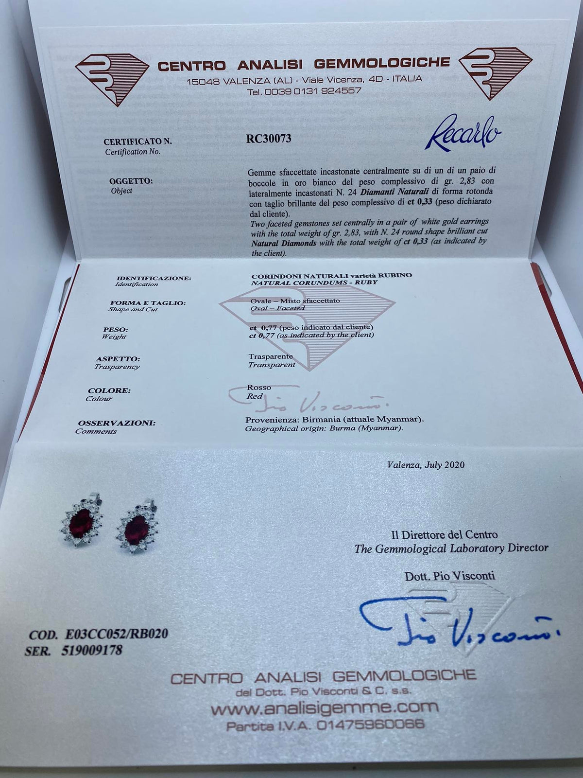 Orecchini Donna Recarlo con Diamanti e Rubini Birmani Ct. 0.77