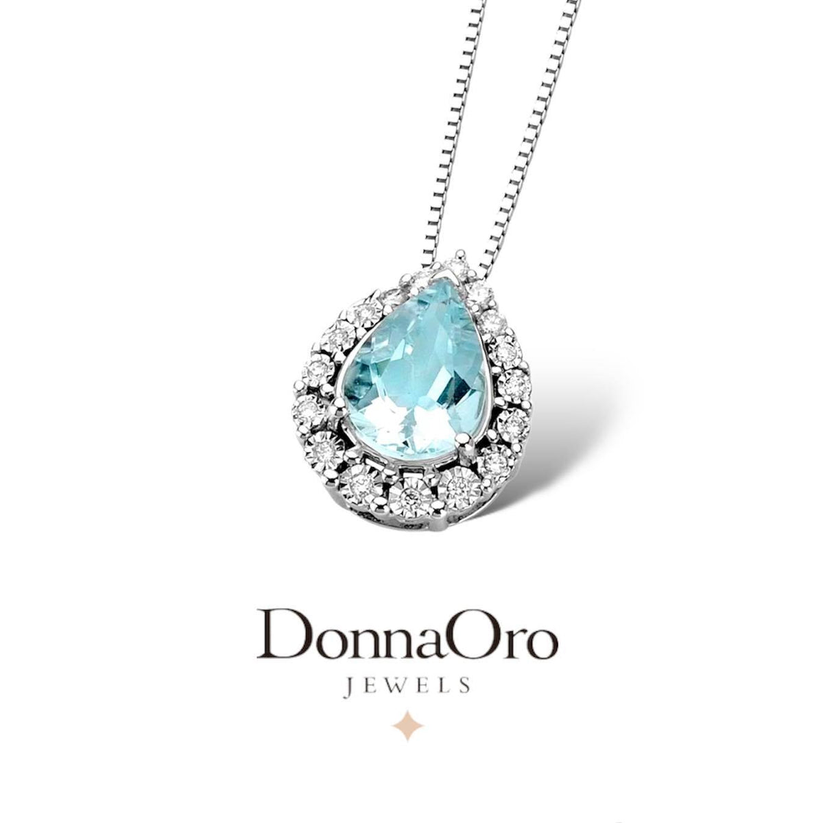 Collana Donna Oro 18KT con Acquamarina a Goccia Ct. 1.10 e Diamante