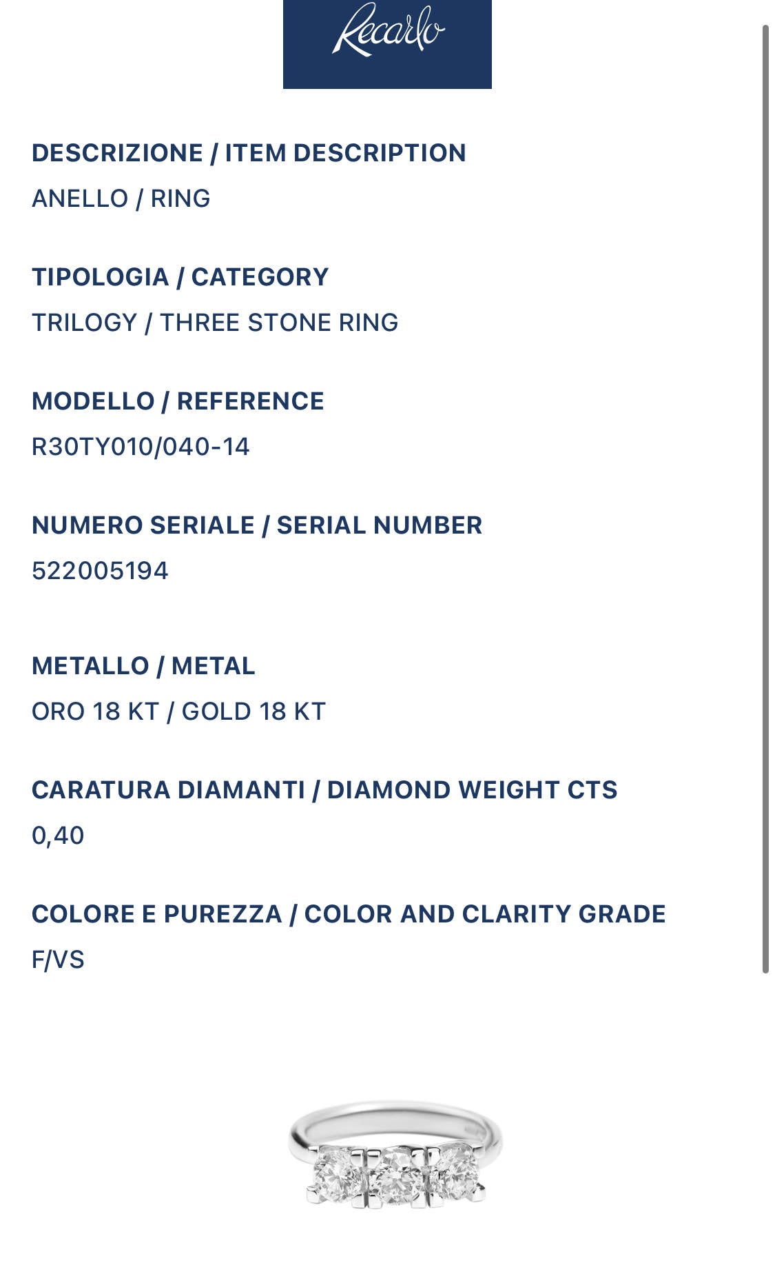 Anello Recarlo Trilogy Maria Teresa con Diamanti Ct 0.40