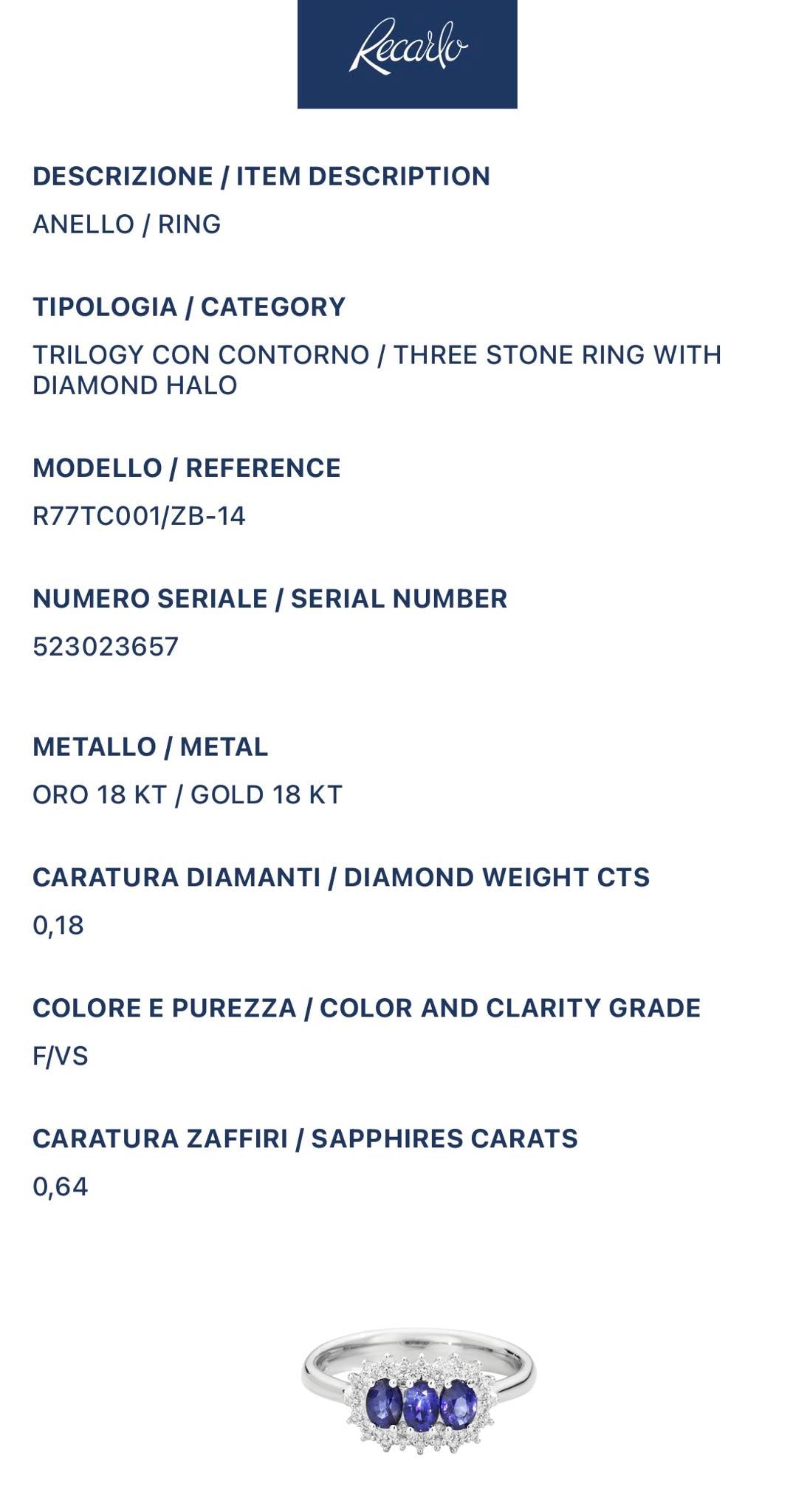 Anello Trilogy Recarlo Camelia con Diamanti e Zaffiro