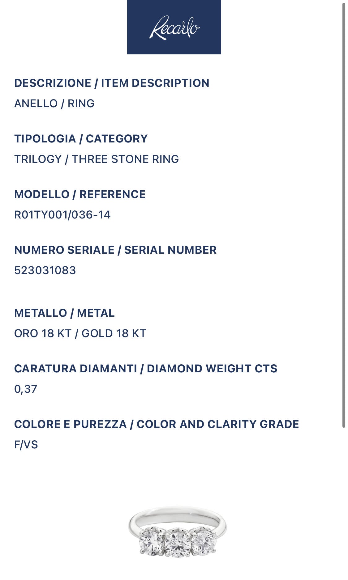 Anello Donna Trilogy Recarlo Anniversary con Diamanti Ct. 0.37
