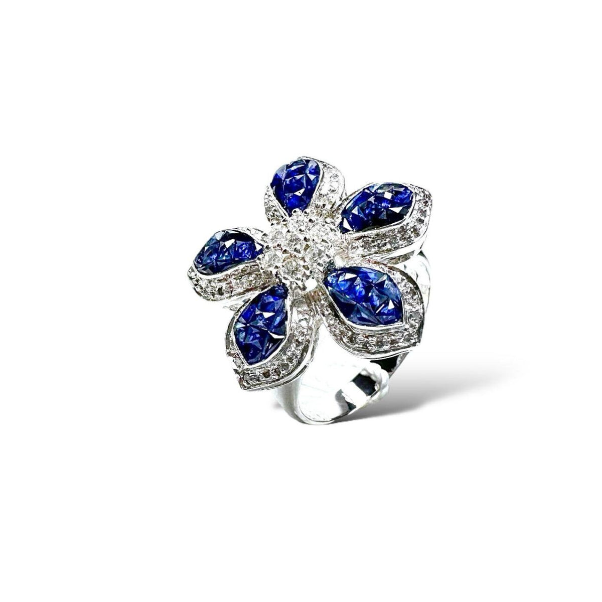 Anello Dartizio Gioielli a Fiore in Oro 18KT 18KT con Zaffiri e Diamanti