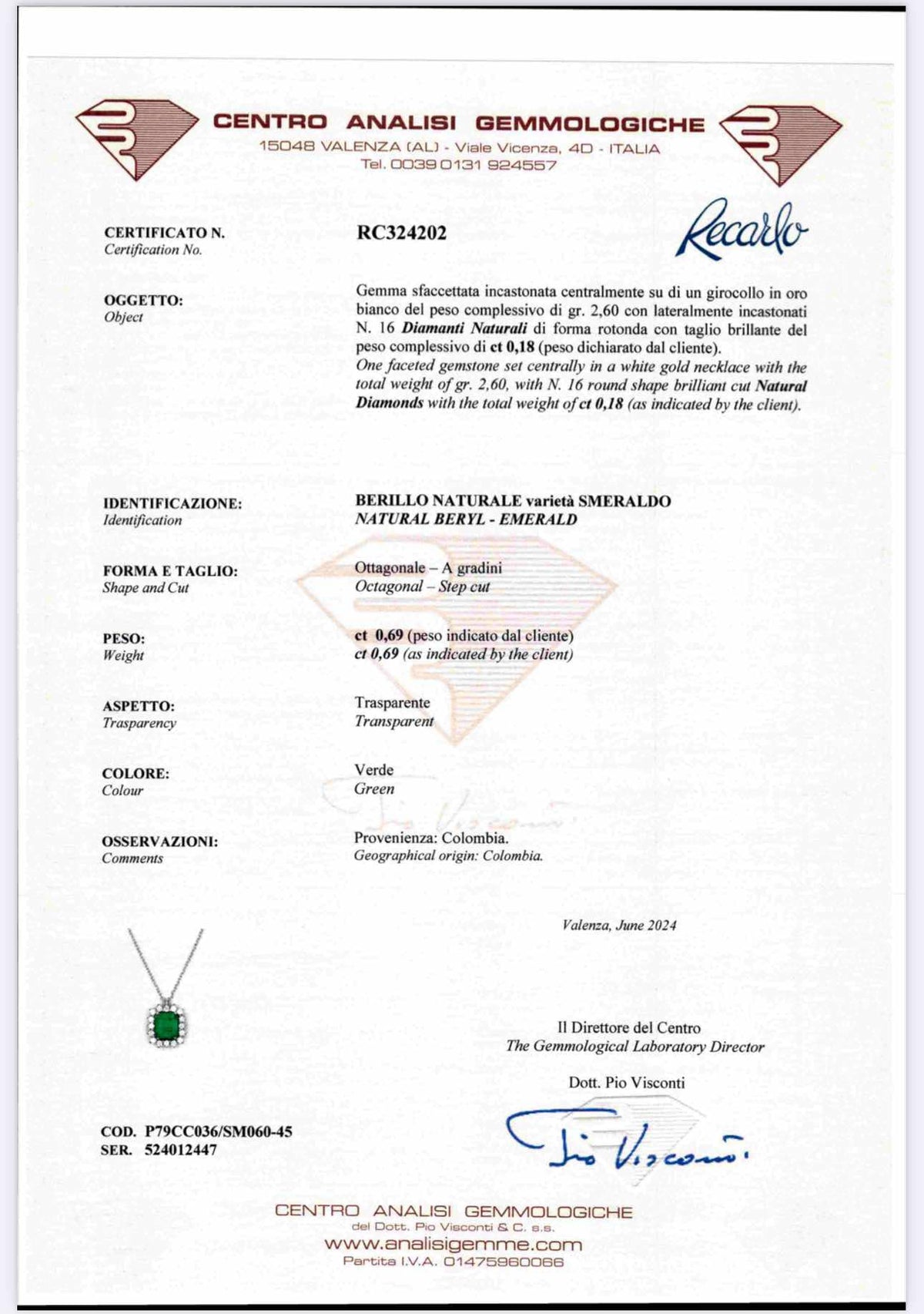 Collana Recarlo con Diamanti e Smeraldo Colombiano Ct. 0,69