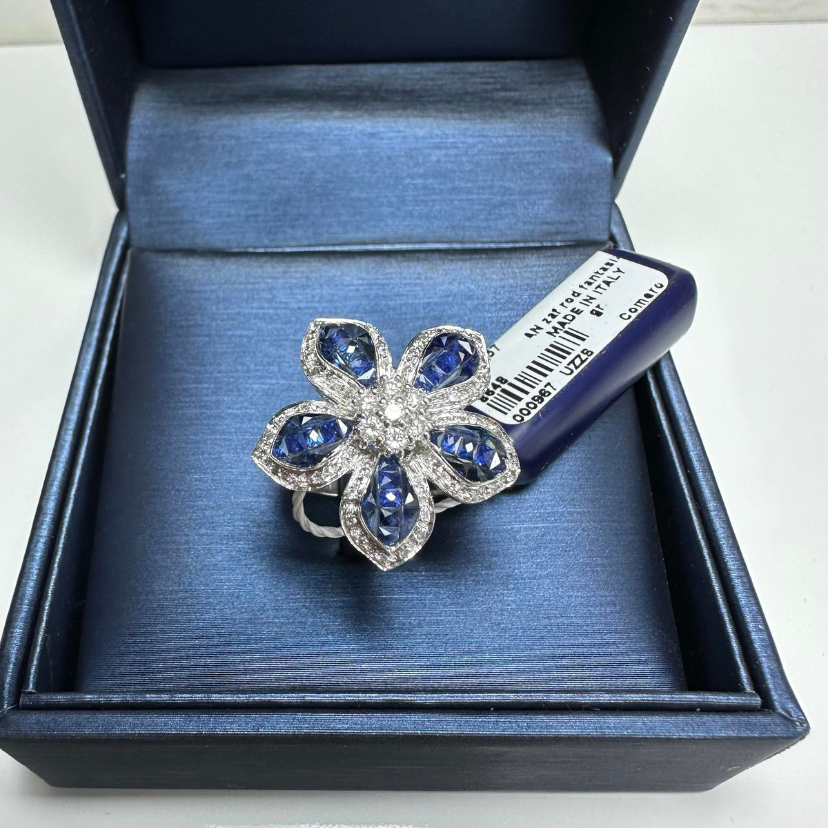 Anello Dartizio Gioielli a Fiore in Oro 18KT 18KT con Zaffiri e Diamanti