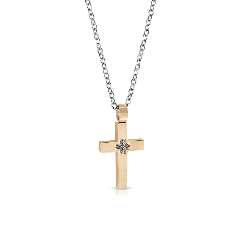 Collana Uomo Arkano con Croce in Acciaio e Diamanti Neri