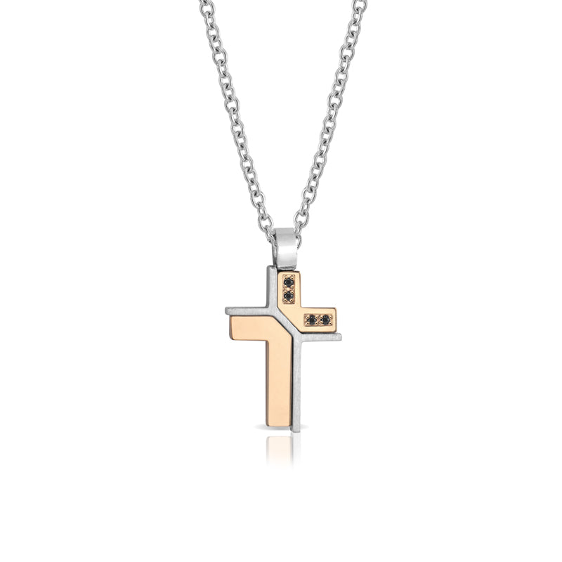 Collana Uomo Arkano con Croce in Acciaio e Diamanti Neri