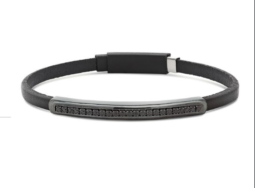 Bracciale UomoOro in Pelle e Acciaio con Zirconi Neri