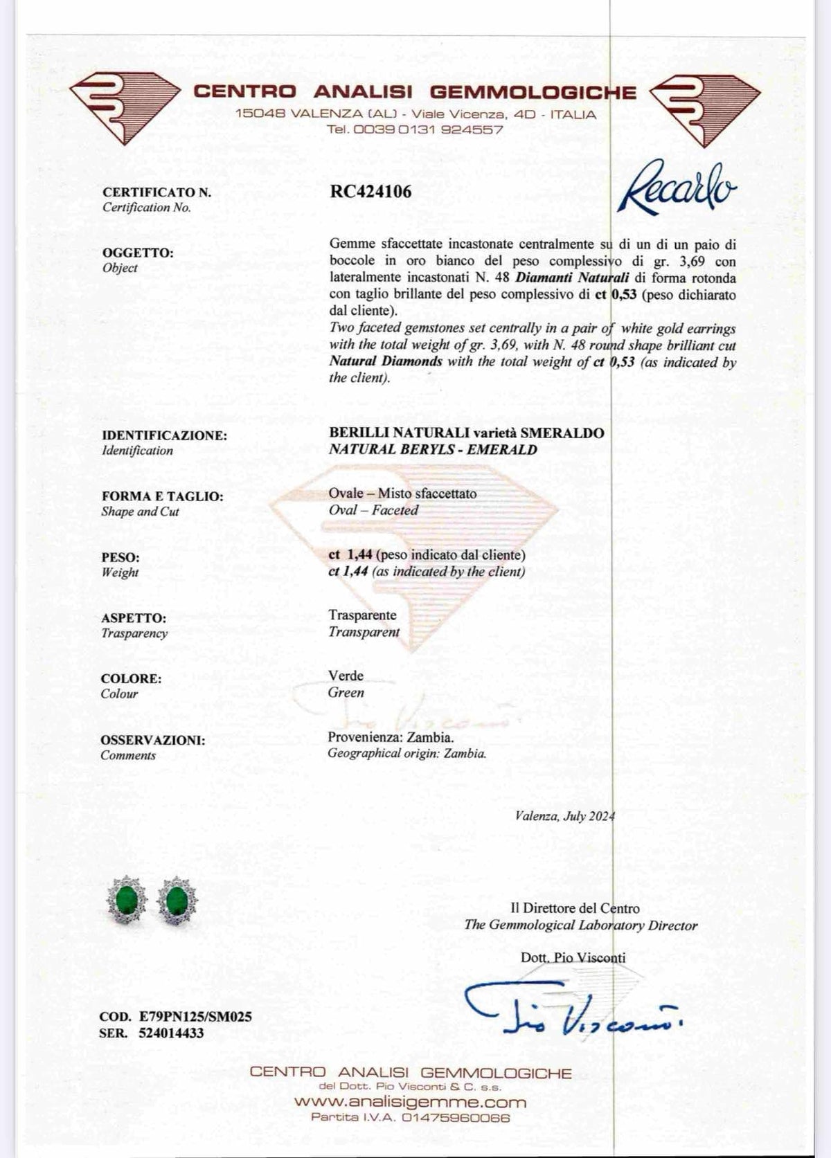 Orecchini Recarlo con Diamanti e Smeraldi Ct. 1,44