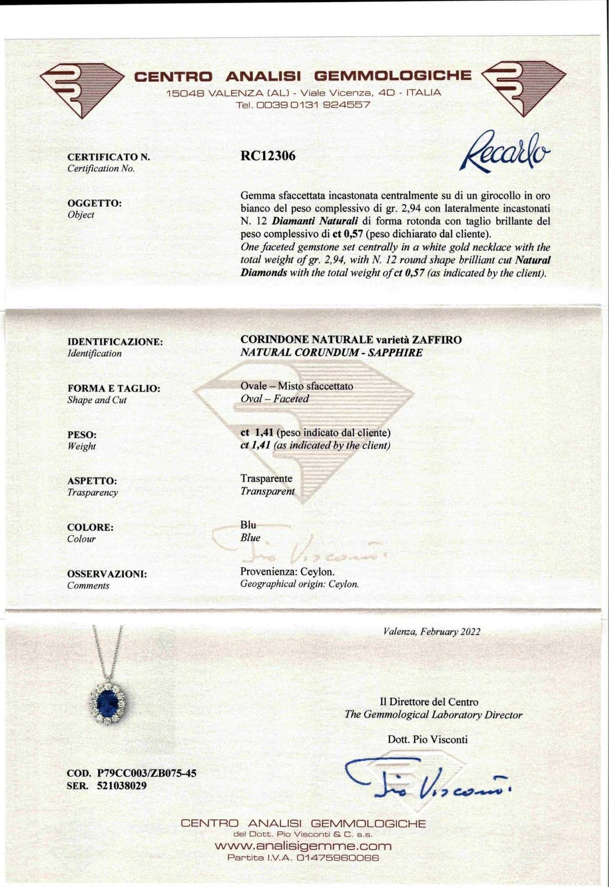 Collana Donna Recarlo con Zaffiro Ct 1.41 e Diamanti