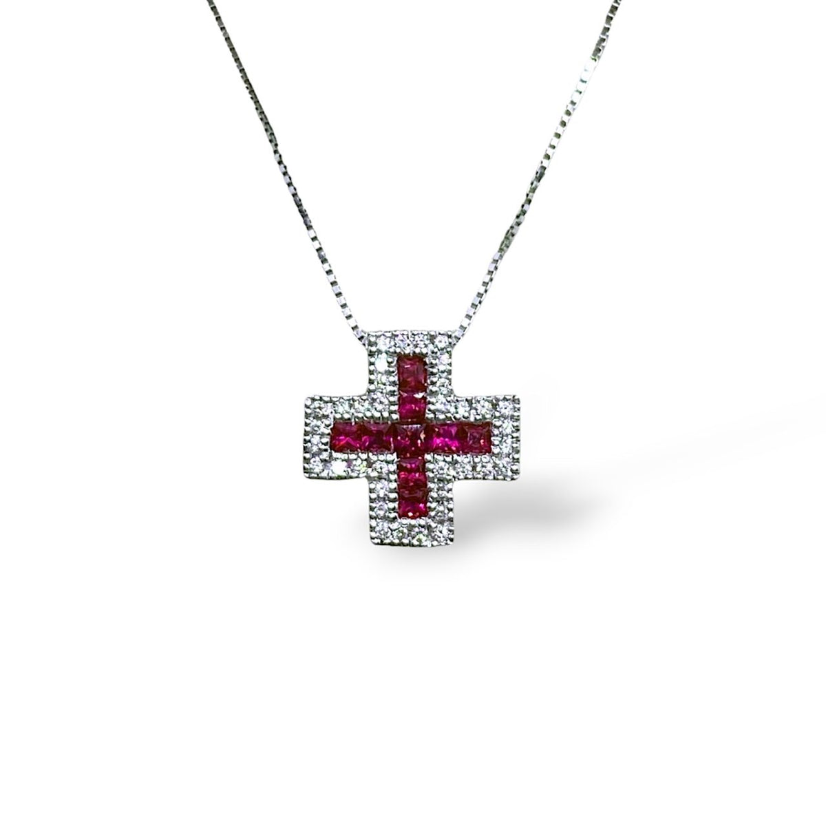 Collana con Croce in Oro 18KT 18KT , Diamanti e Rubini