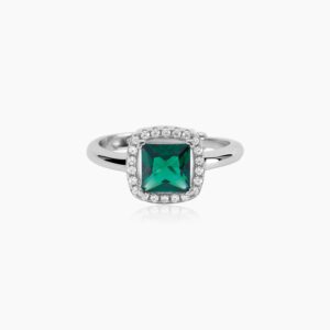 Anello da donna del brand mabina realizzato in argento e zircone verde centrale contornato da zirconi bianchi