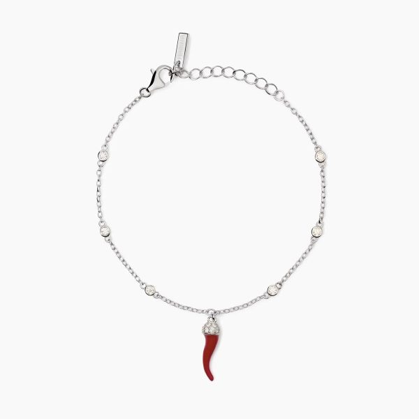 Bracciale regolabile da donna in argento rodiato con catena forzatina, ciondolo cornetto smaltato e zirconi.