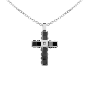 collana da uomo del brand stroili della collezione man code realizzata in acciaio con pendente a forma di croce impreziosita da uno zircone bianco centrale