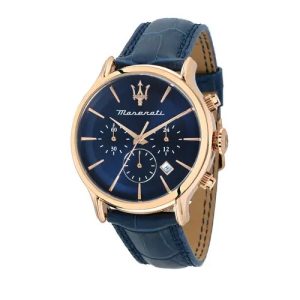 orologio da uomo del brand maserati della collezione epoca realizzato con cassa in acciaio rosè e cinturino in pelle blu